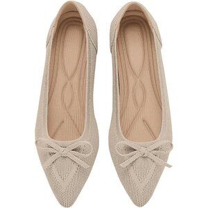 🆕Women Beige Knit Flats Pointed Toe Bow Ballet Shoes Comfortable Dressy Slip On